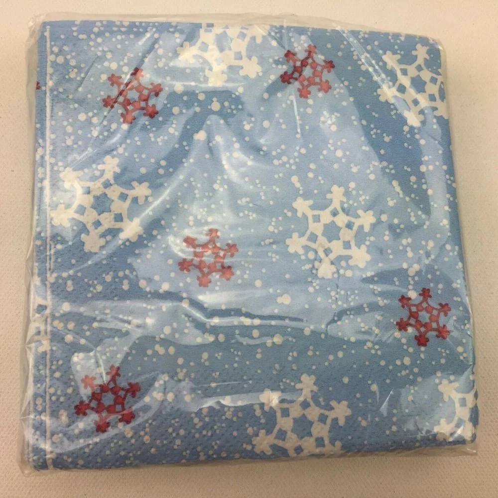 Beverage Napkins Mini Seasonal Party Blue Snowflakes Red White 60 Count